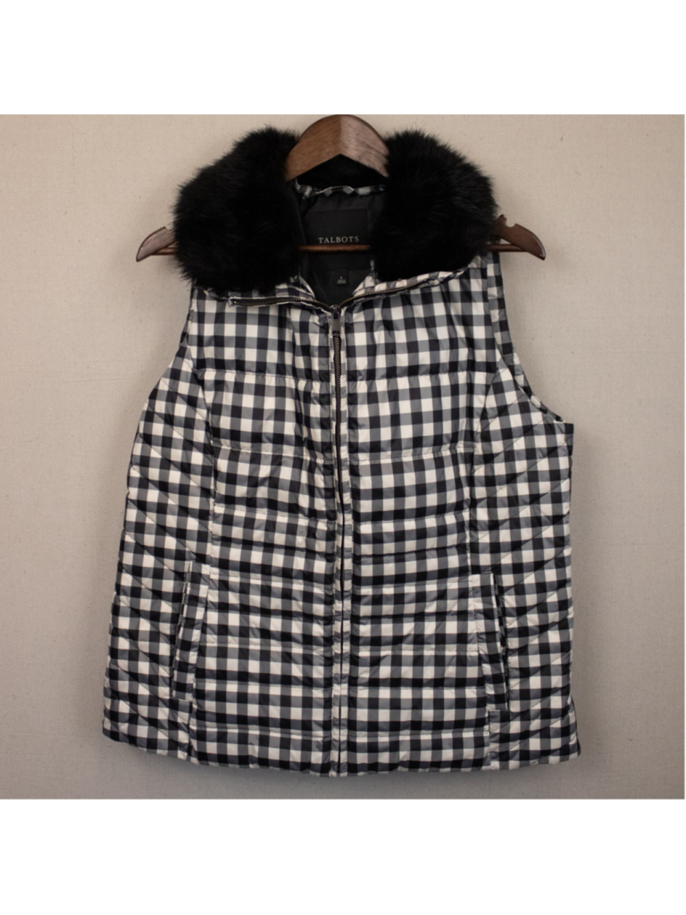 Talbots black and white gingham faux collar down filled puffer vest-L